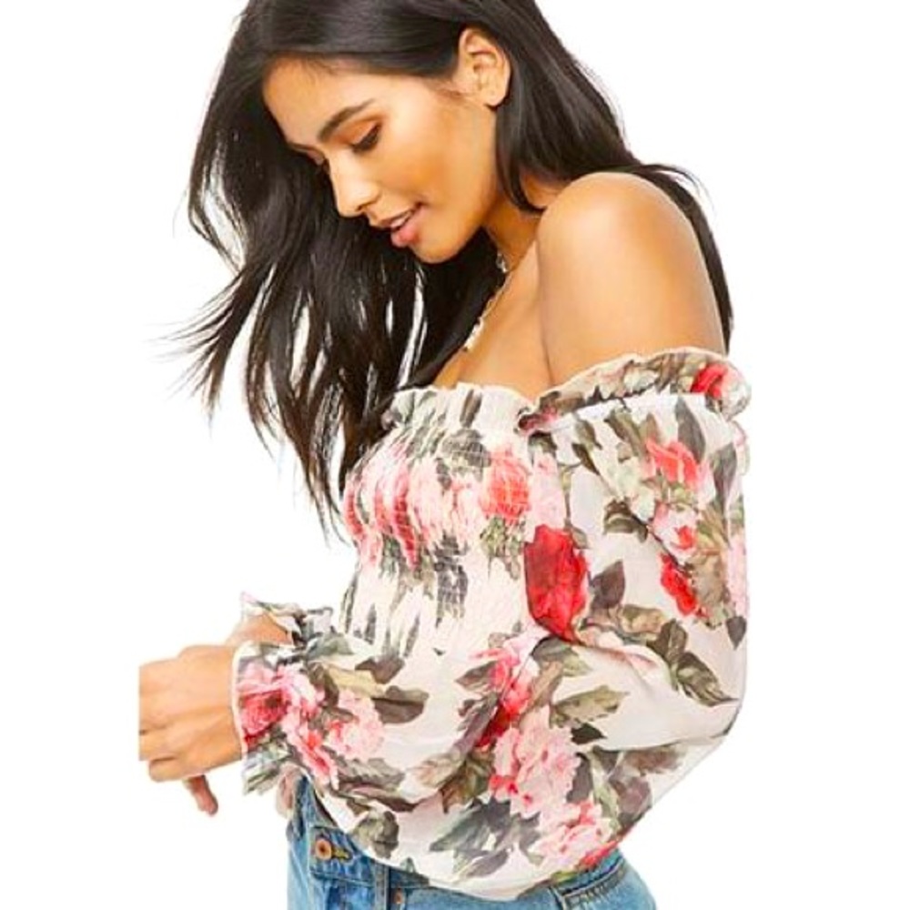 Forever21 Off Shoulder Pink Floral Crop Top